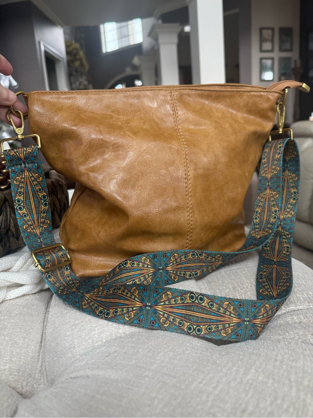 Tan Leather Crossbody Bag with Decorative Teal Patterned Strap